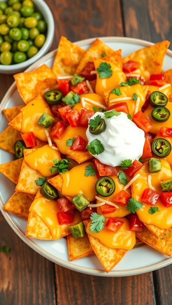 Crispy air fryer nachos with cheese, jalapeños, tomatoes, and sour cream on a wooden table.
